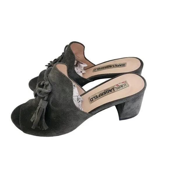 Karl Lagerfeld Holly Suede Block Heel Bow Tassel Mules Size 6M - Picture 2 of 9